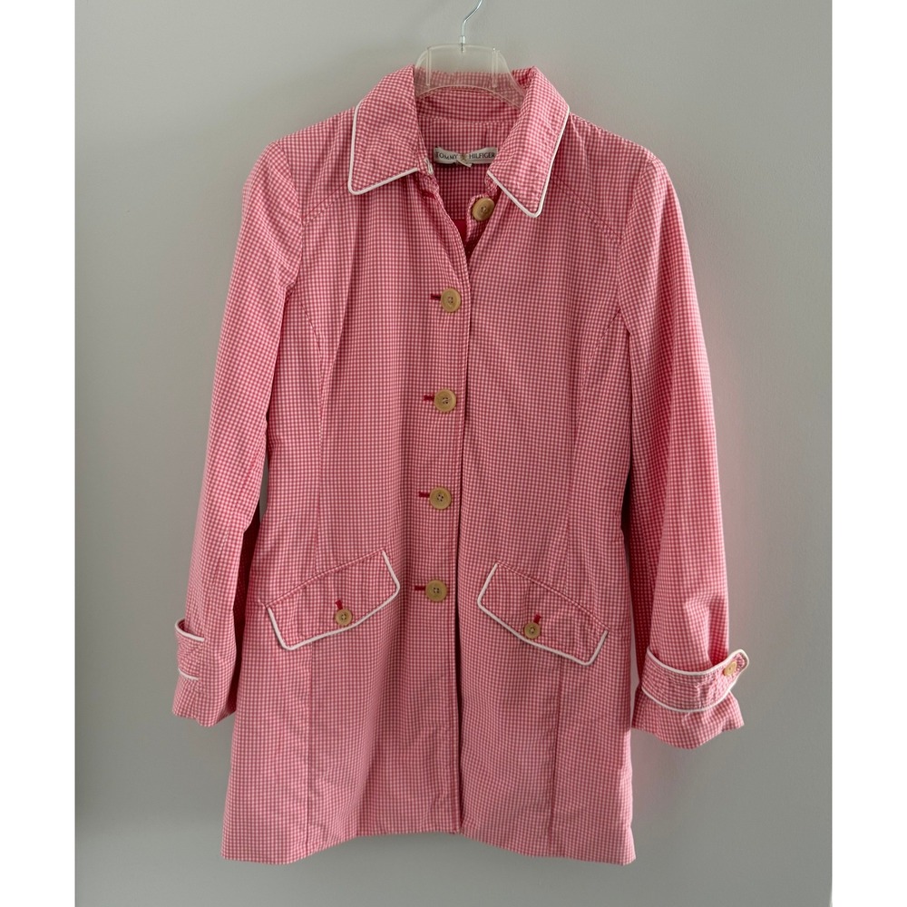 Vintage Tommy‎ Hilfiger Pink Gingham Trench Coat Jacket Womens Medium Preppy